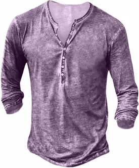 Mens Distressed Henley Shirts Front Placket Retro Long Sleeve Tee Shirts Casual Button Down Washed T-Shirts for Men