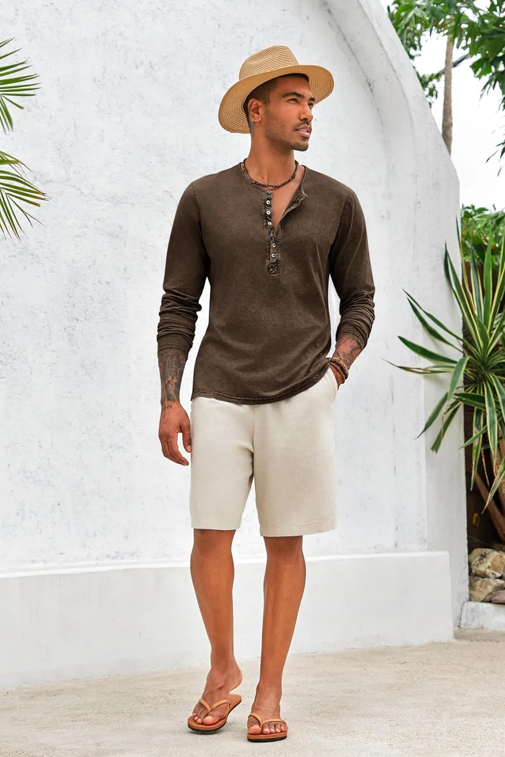Mens Distressed Henley Shirts Front Placket Retro Long Sleeve Tee Shirts Casual Button Down Washed T-Shirts for Men