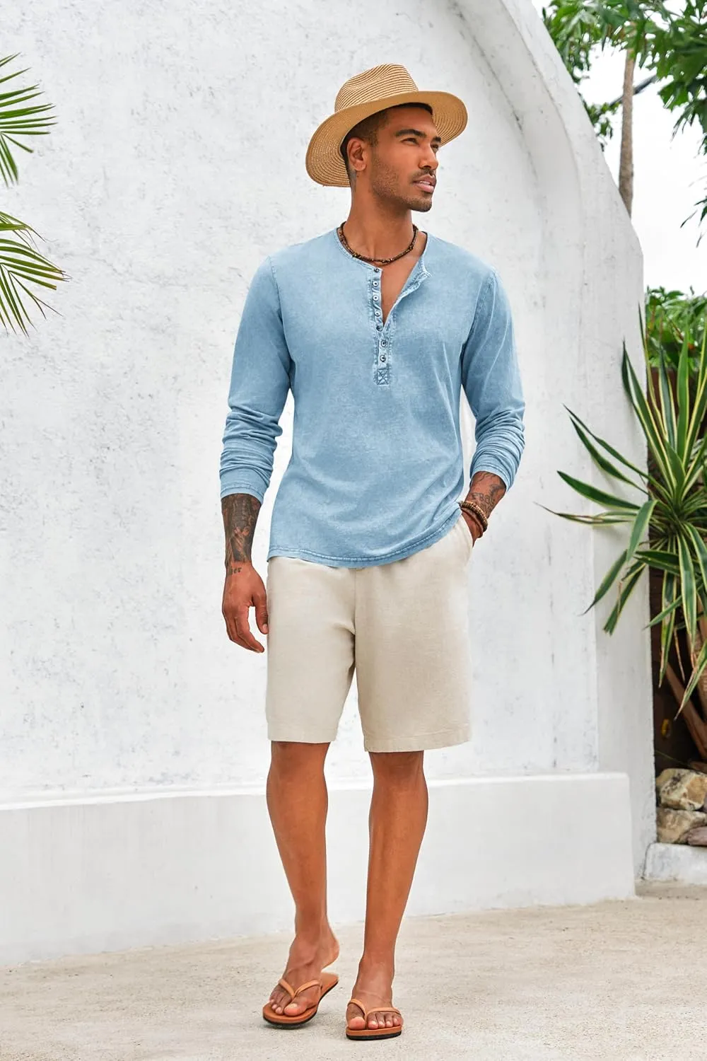 Mens Distressed Henley Shirts Front Placket Retro Long Sleeve Tee Shirts Casual Button Down Washed T-Shirts for Men