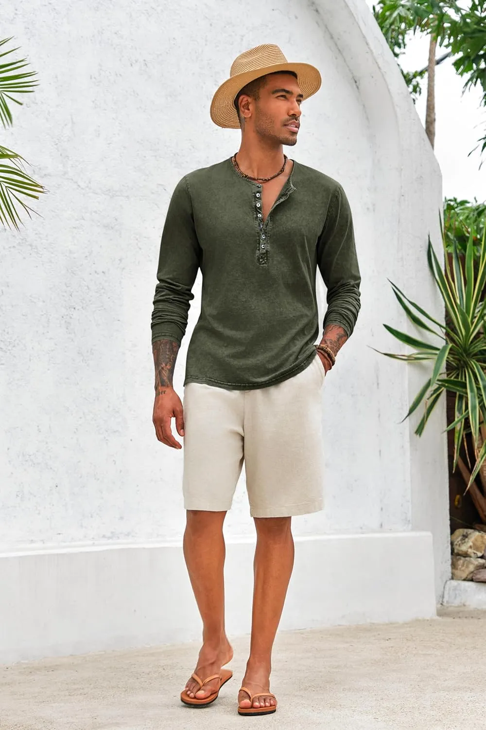 Mens Distressed Henley Shirts Front Placket Retro Long Sleeve Tee Shirts Casual Button Down Washed T-Shirts for Men
