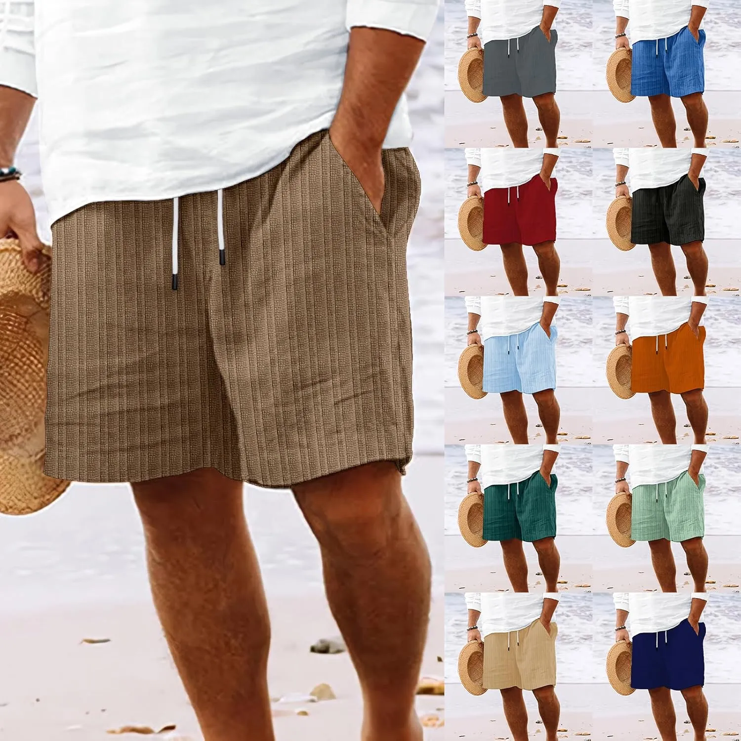 Mens Linen Shorts Casual Drawstring Elastic Waist Summer Beach Vacation Shorts with Pocket