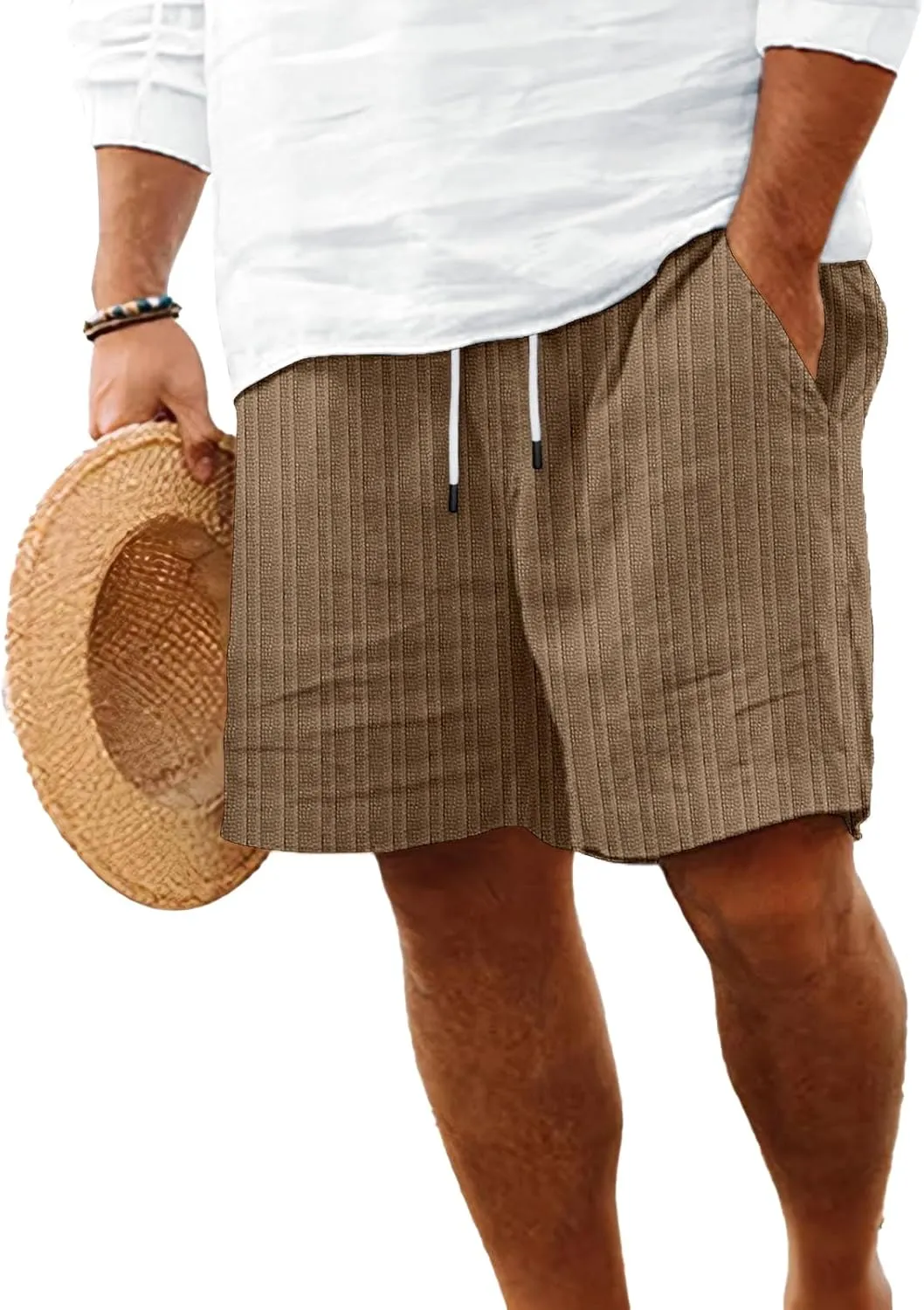 Mens Linen Shorts Casual Drawstring Elastic Waist Summer Beach Vacation Shorts with Pocket