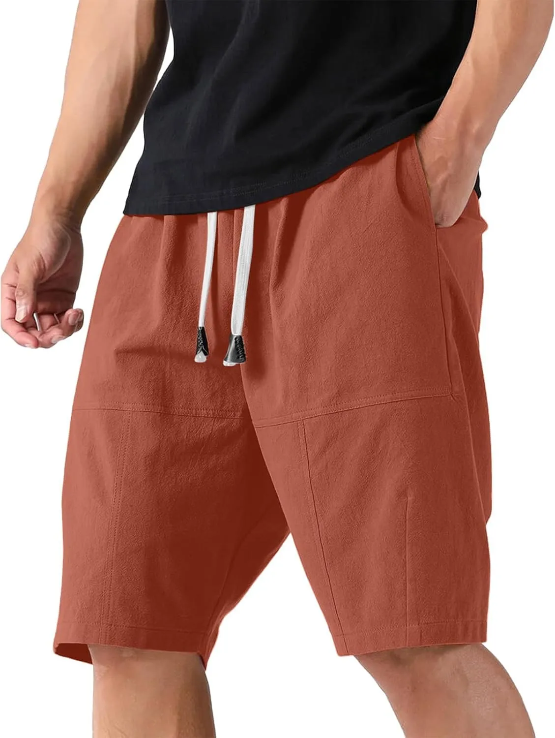 Men's Quick Dry Linen Shorts Casual Elastic Waist Drawstring Short Summer Beach Vacation Yoga Golf Shorts with Pocket