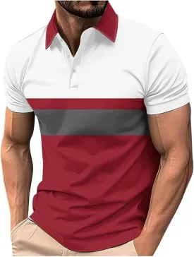 Mens Striped Golf Polo Shirts Slim Short Sleeve Color Matching Polo T Shirt Basic Stylish Cotton Work Shirts Dressy