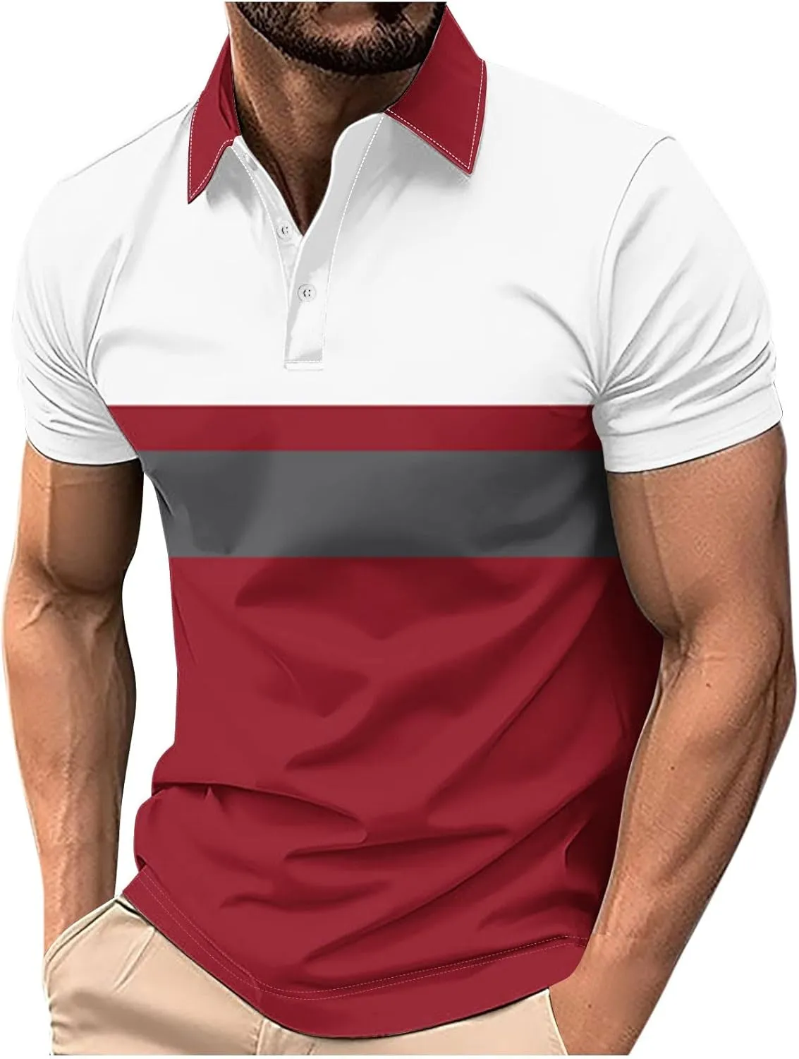 Mens Striped Golf Polo Shirts Slim Short Sleeve Color Matching Polo T Shirt Basic Stylish Cotton Work Shirts Dressy