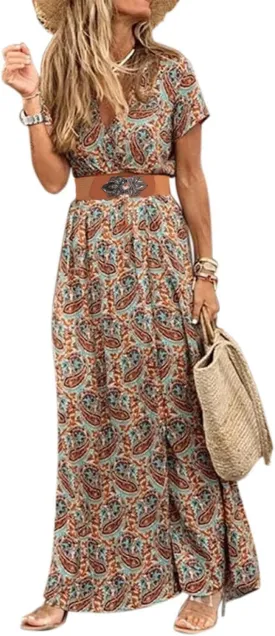 MessBebe Maxi Dress Short Sleeve V Neck High Waist Flowy Wrap Sun Wedding Guest Long Dresses for Women