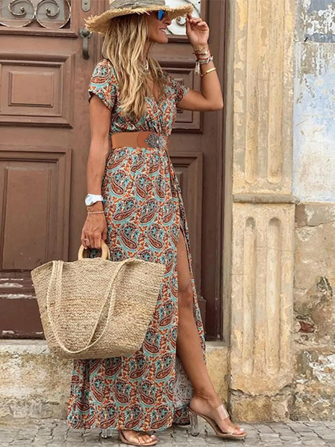 MessBebe Maxi Dress Short Sleeve V Neck High Waist Flowy Wrap Sun Wedding Guest Long Dresses for Women