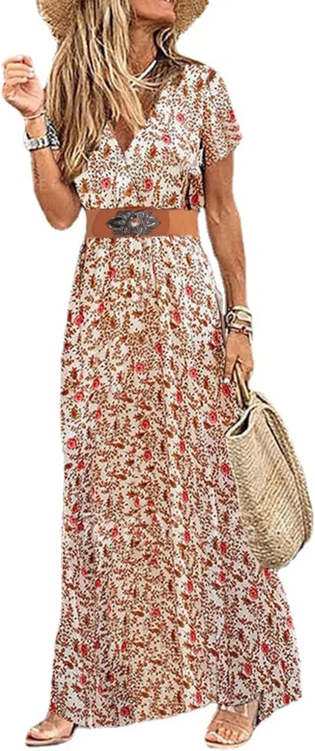 MessBebe Maxi Dress Short Sleeve V Neck High Waist Flowy Wrap Sun Wedding Guest Long Dresses for Women