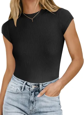 MISSJOY Women Crew Neck Short Sleeve Ribbed Stretchy Casual Slim Fit Bodysuit T Shirts Tops