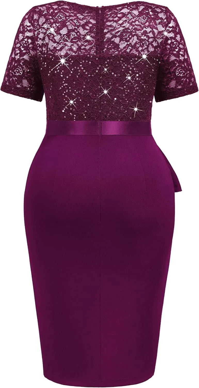 Miusol Women's Plus Size V Neck Sequin Floral Lace Contrast Ruffle Trim Slit Cocktail Dress
