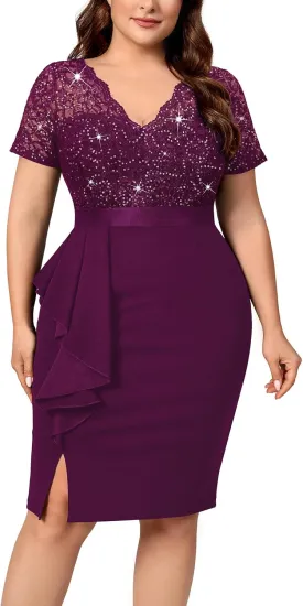 Miusol Women's Plus Size V Neck Sequin Floral Lace Contrast Ruffle Trim Slit Cocktail Dress