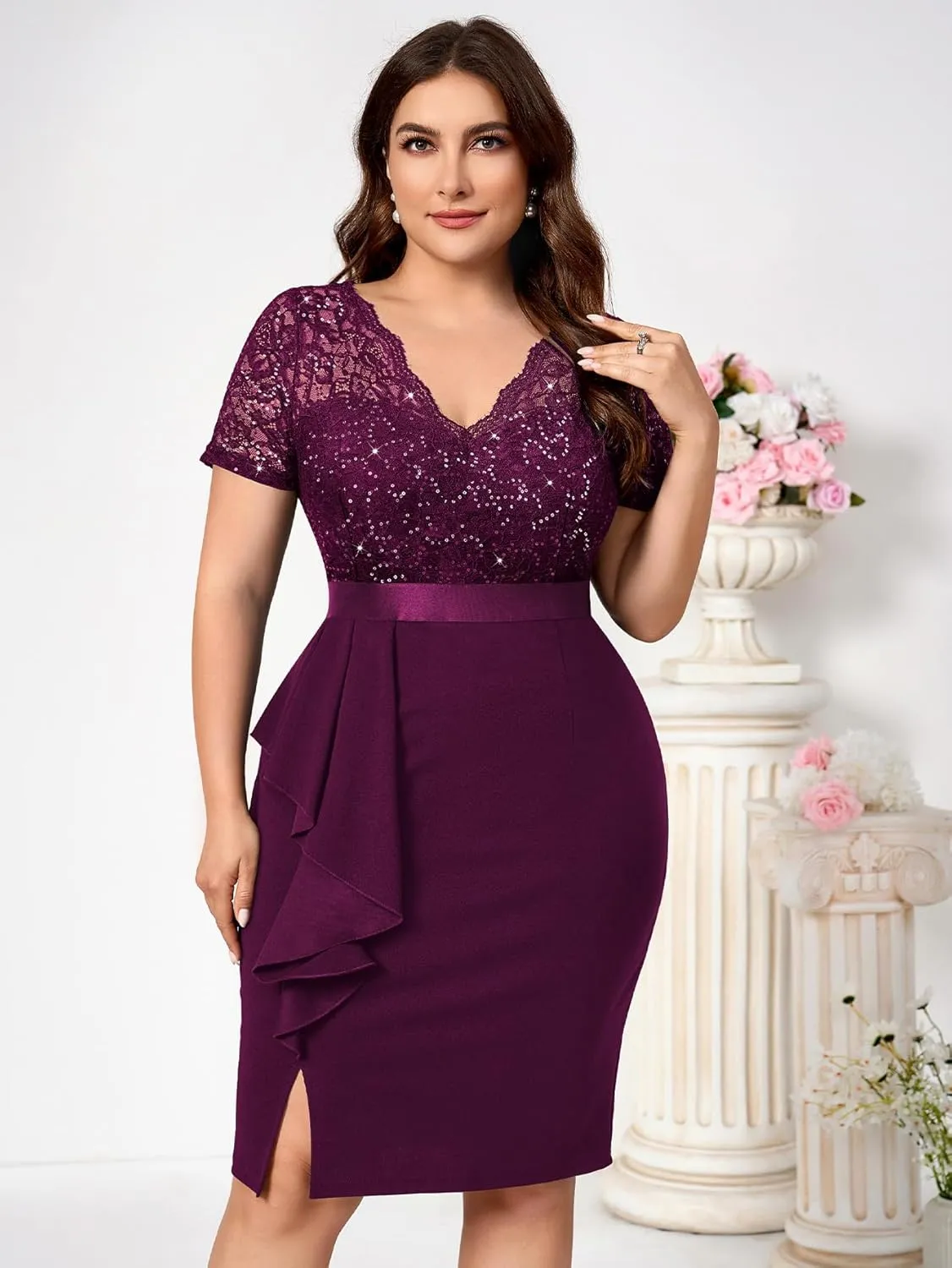 Miusol Women's Plus Size V Neck Sequin Floral Lace Contrast Ruffle Trim Slit Cocktail Dress