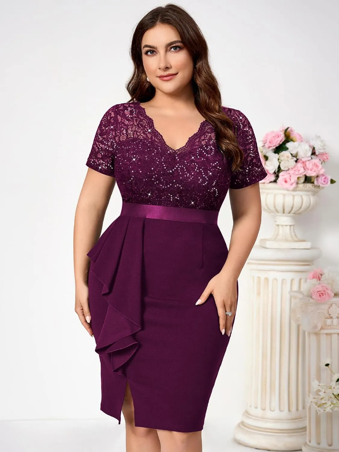 Miusol Women's Plus Size V Neck Sequin Floral Lace Contrast Ruffle Trim Slit Cocktail Dress