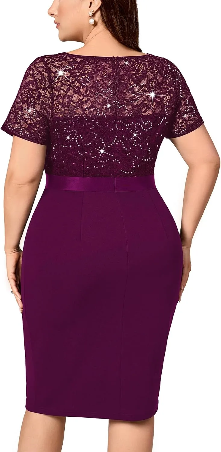 Miusol Women's Plus Size V Neck Sequin Floral Lace Contrast Ruffle Trim Slit Cocktail Dress