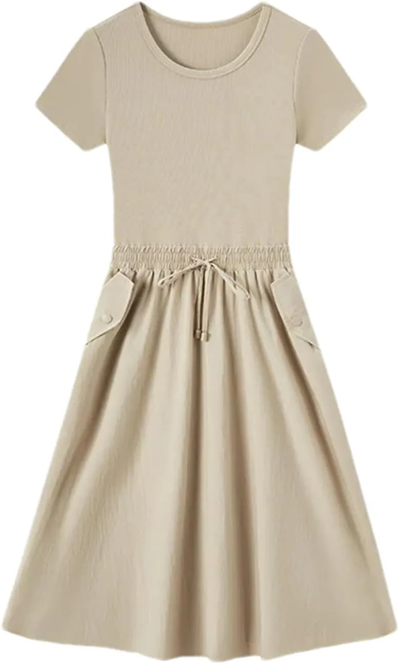 Mnjyihy Women's Cotton Slim-Fit Waist-Cinching Dress Summer Fake Two-Piece Round Neck Midi Dress