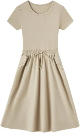 Mnjyihy Women's Cotton Slim-Fit Waist-Cinching Dress Summer Fake Two-Piece Round Neck Midi Dress