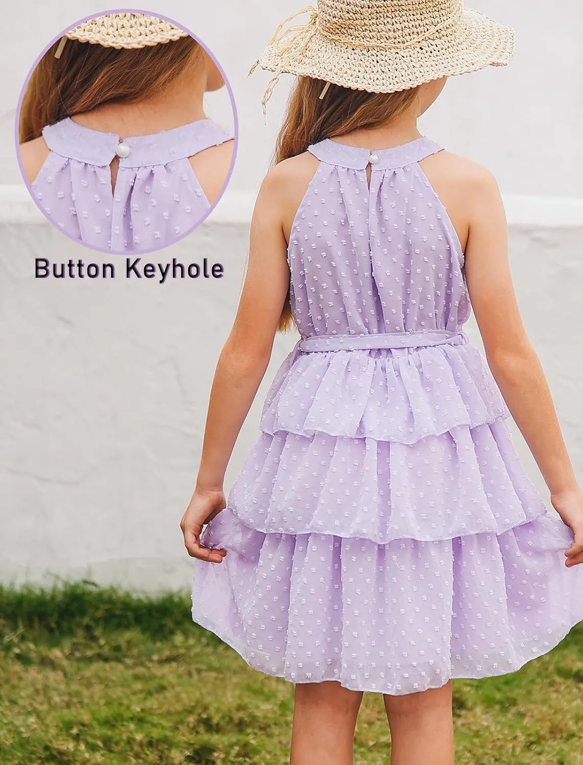 Move Dance Girls Halter Neck Dress Summer Flared A-Line Swiss Dot Chiffon Sundress 6-13 Years Old