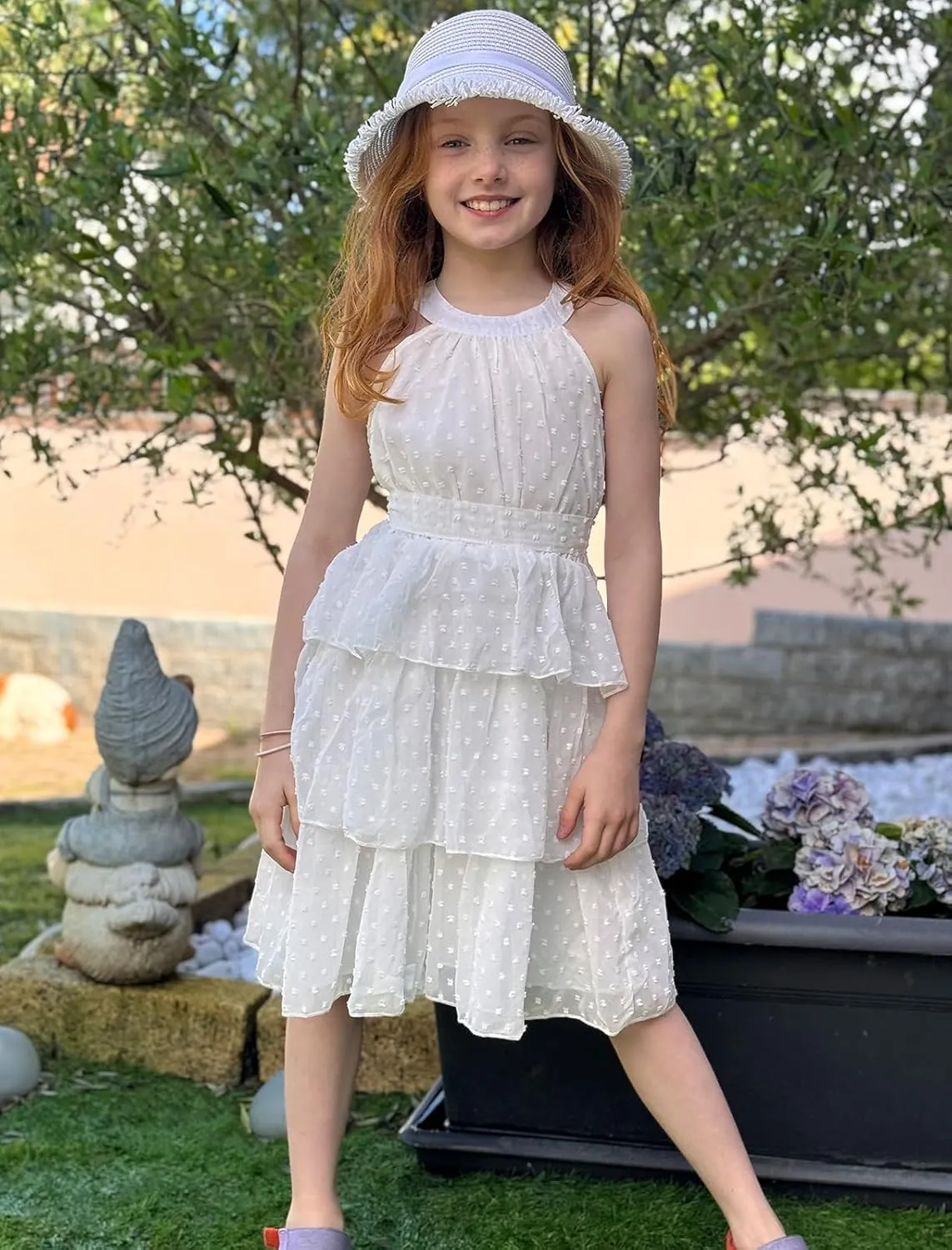 Move Dance Girls Halter Neck Dress Summer Flared A-Line Swiss Dot Chiffon Sundress 6-13 Years Old