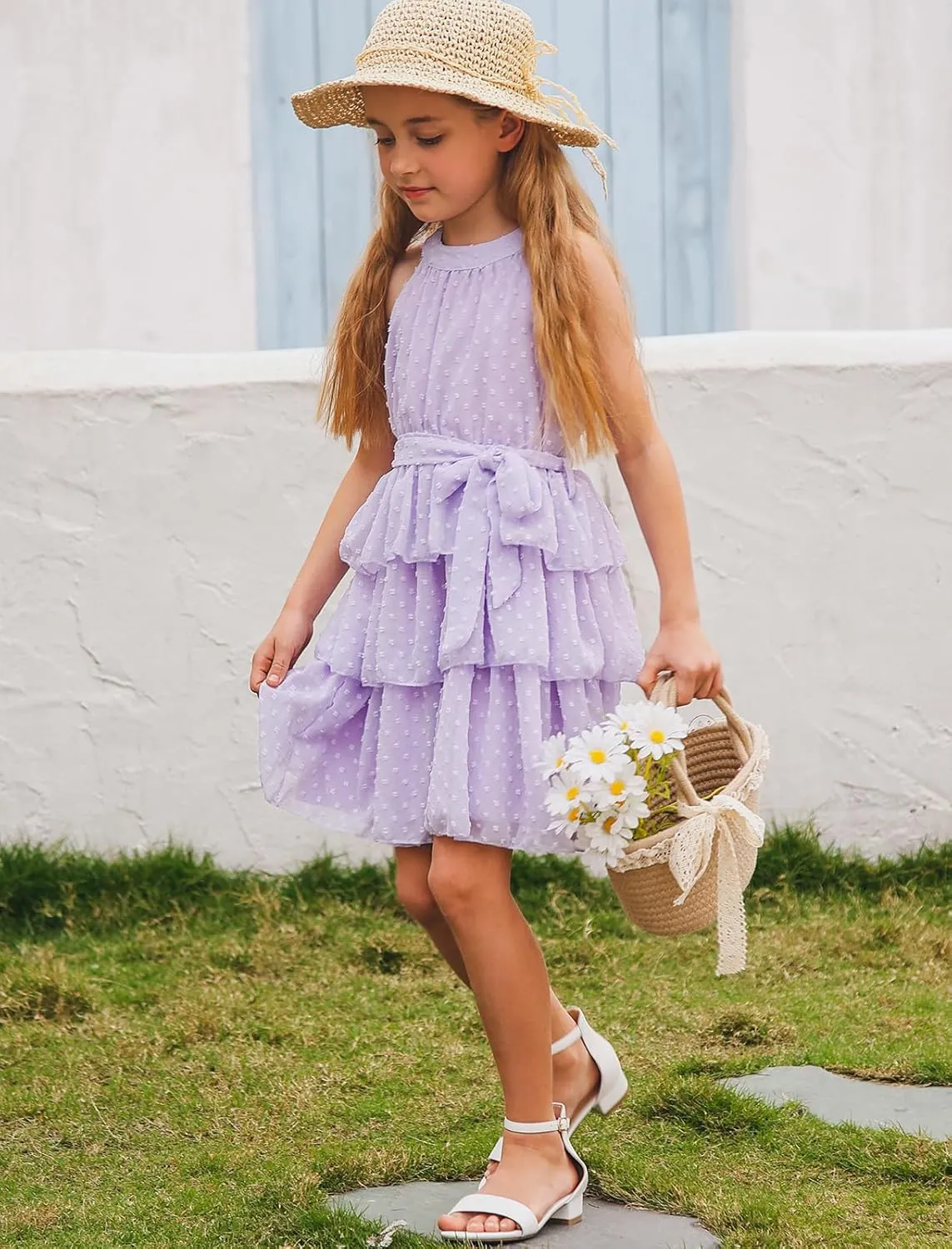Move Dance Girls Halter Neck Dress Summer Flared A-Line Swiss Dot Chiffon Sundress 6-13 Years Old