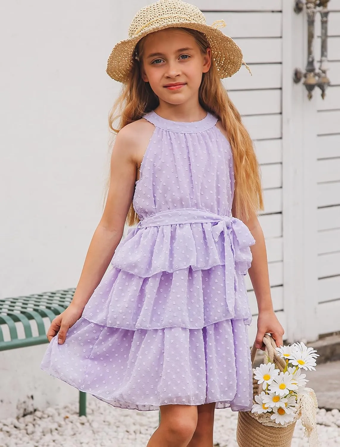 Move Dance Girls Halter Neck Dress Summer Flared A-Line Swiss Dot Chiffon Sundress 6-13 Years Old
