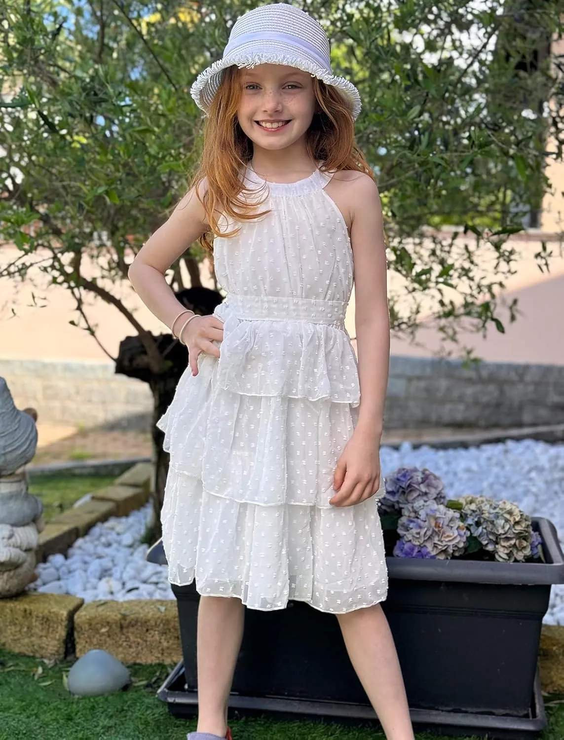 Move Dance Girls Halter Neck Dress Summer Flared A-Line Swiss Dot Chiffon Sundress 6-13 Years Old