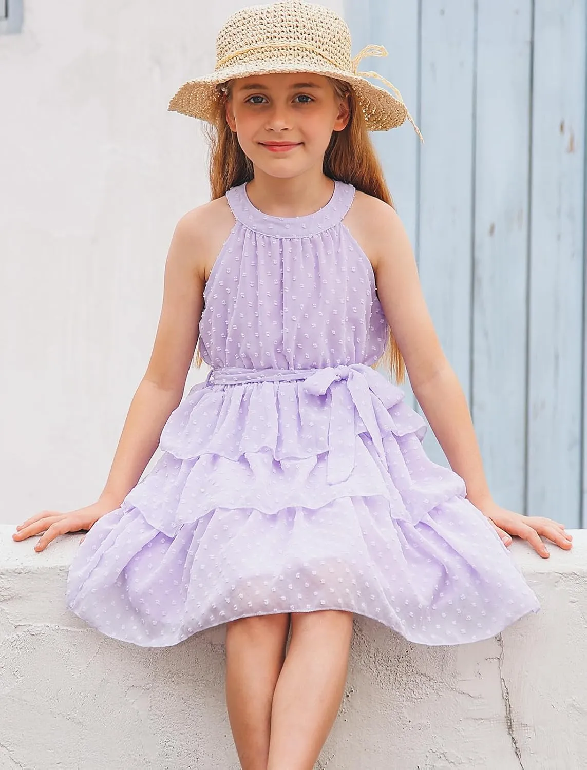 Move Dance Girls Halter Neck Dress Summer Flared A-Line Swiss Dot Chiffon Sundress 6-13 Years Old