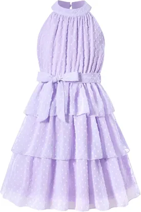 Move Dance Girls Halter Neck Dress Summer Flared A-Line Swiss Dot Chiffon Sundress 6-13 Years Old