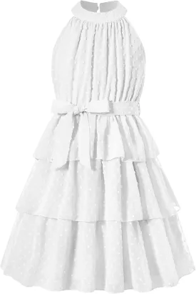 Move Dance Girls Halter Neck Dress Summer Flared A-Line Swiss Dot Chiffon Sundress 6-13 Years Old