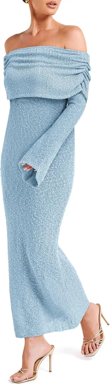Off The Shoulder Maxi Dress Long Sleeve Beach Crochet Cover Up Summer Sexy Maxi Dresses S-2XL