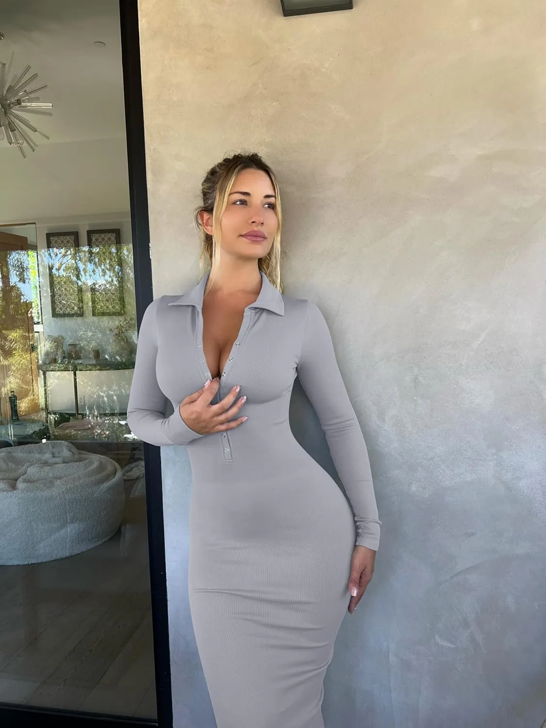 OQQ Women's Long Sleeve Maxi Dress Ribbed Back Slit Button Down Bodycon Soft Going Out Elegant Party Dresses