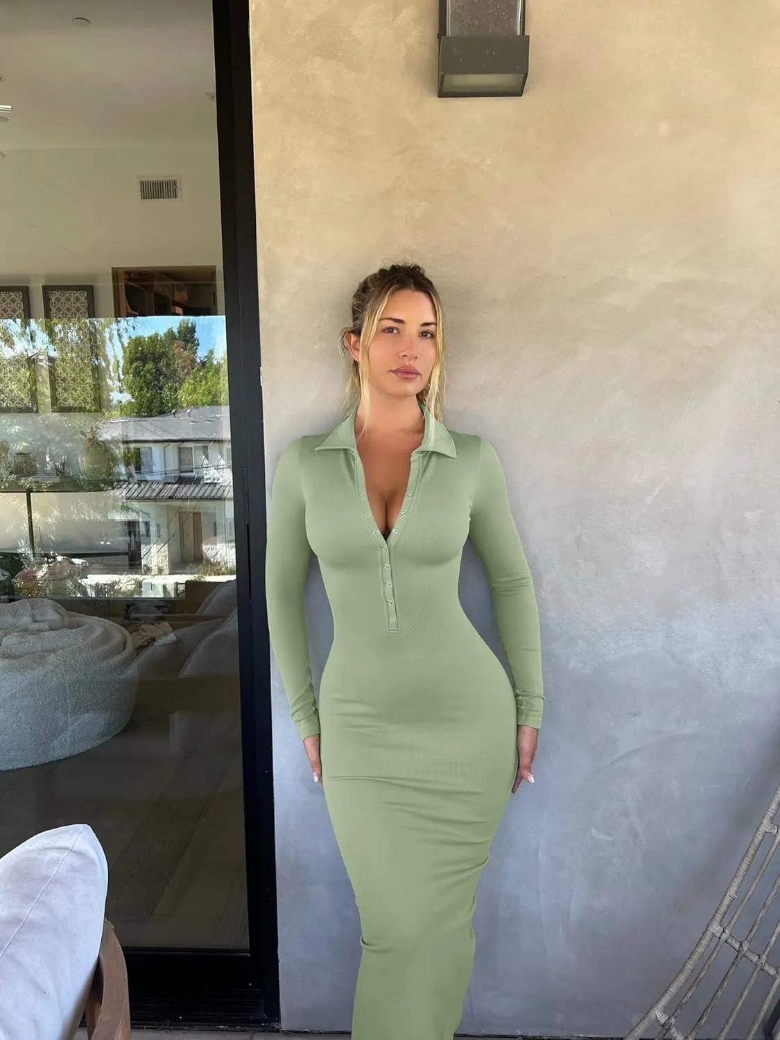 OQQ Women's Long Sleeve Maxi Dress Ribbed Back Slit Button Down Bodycon Soft Going Out Elegant Party Dresses
