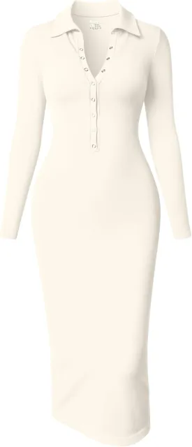 OQQ Women's Long Sleeve Maxi Dress Ribbed Back Slit Button Down Bodycon Soft Going Out Elegant Party Dresses