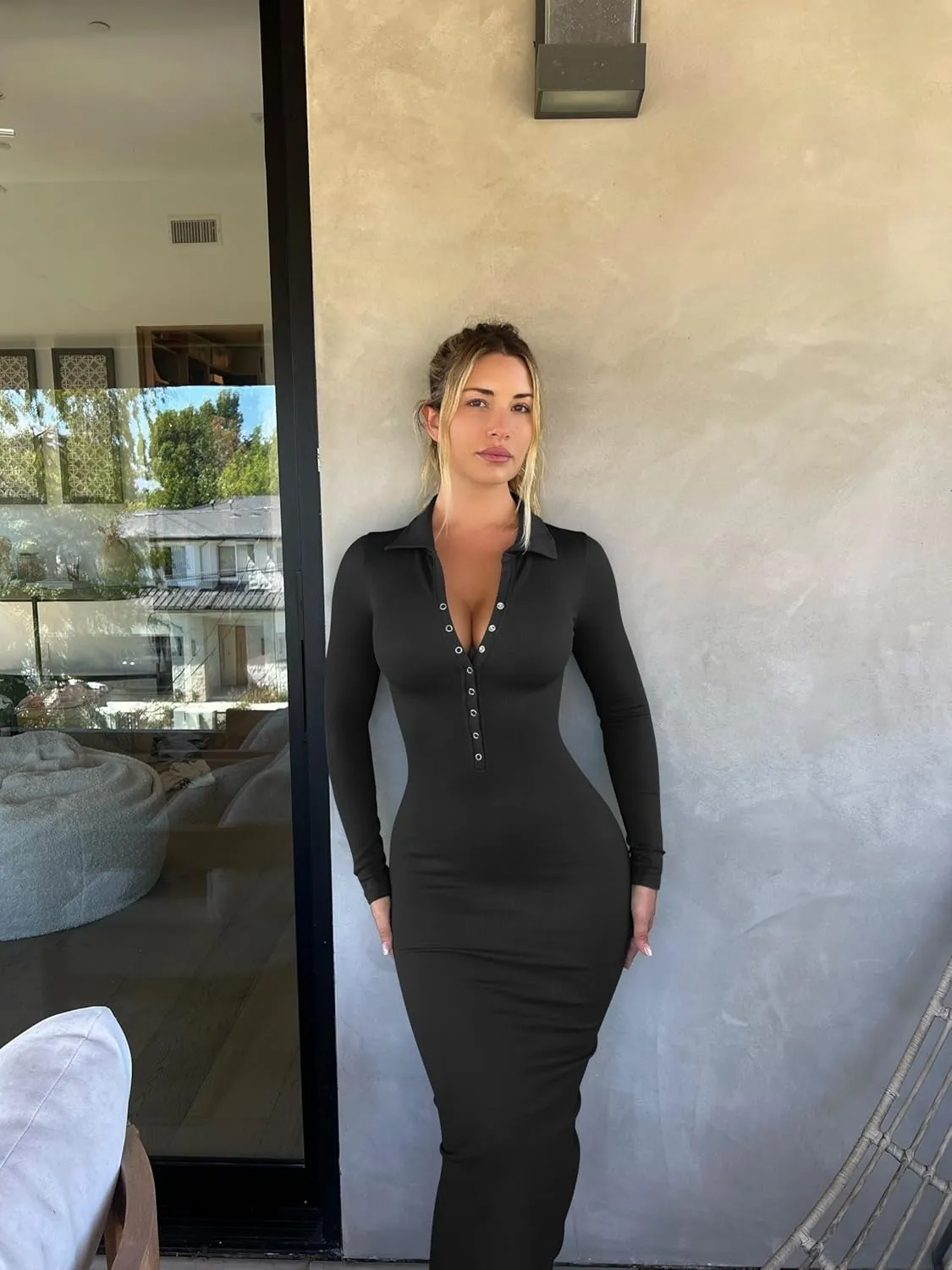 OQQ Women's Long Sleeve Maxi Dress Ribbed Back Slit Button Down Bodycon Soft Going Out Elegant Party Dresses