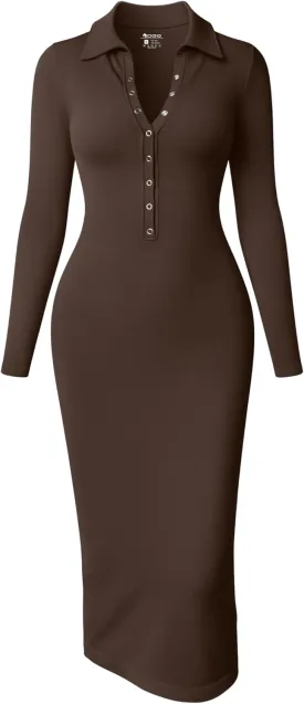 OQQ Women's Long Sleeve Maxi Dress Ribbed Back Slit Button Down Bodycon Soft Going Out Elegant Party Dresses