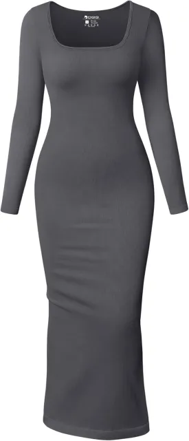 OQQ Women's Long Sleeve Maxi Dress Square Neck Ribbed Bodycon Lounge Soft Dresses