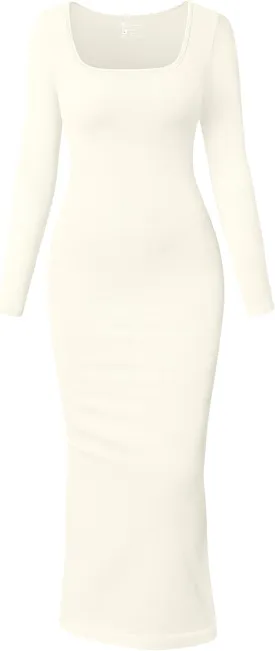 OQQ Women's Long Sleeve Maxi Dress Square Neck Ribbed Bodycon Lounge Soft Dresses