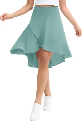 Origiwish Women's High Waist Flowy Midi Skirts Asymmetric Ruffle Hem High Low Skorts with Built-in Shorts