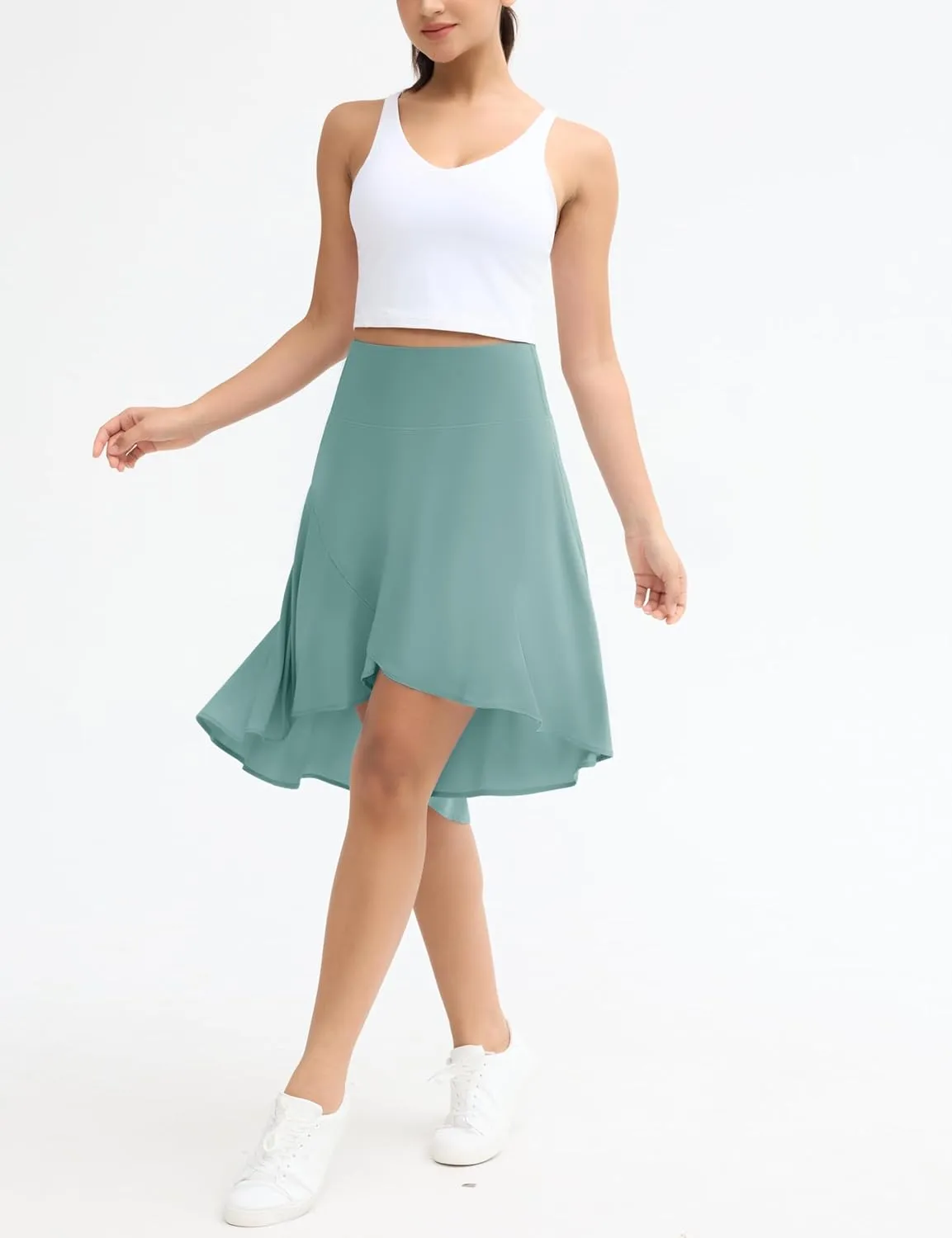 Origiwish Women's High Waist Flowy Midi Skirts Asymmetric Ruffle Hem High Low Skorts with Built-in Shorts