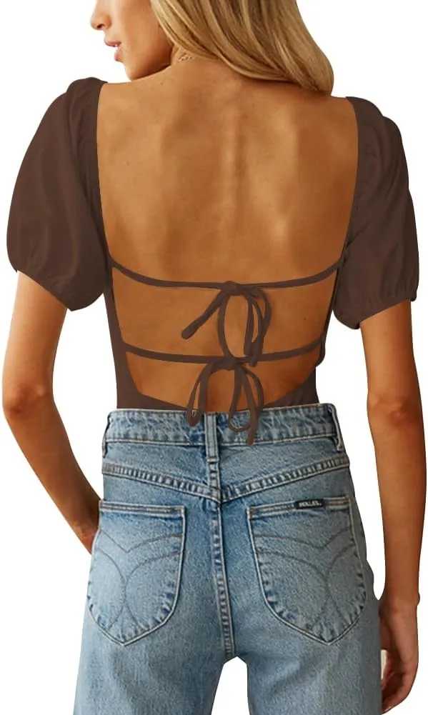 oten Women's Sexy Backless Puff Sleeve Square Neck Tie Back Bodysuit Tops