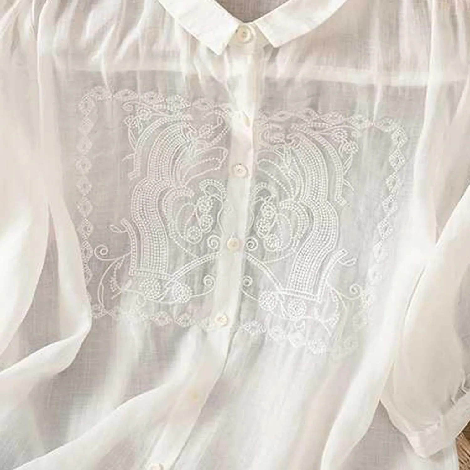 Peter Pan Collar Cotton Linen Shirt for Women Summer Lightweight Half Sleeve Button Up Tunic Tops Casual Boho Blouse