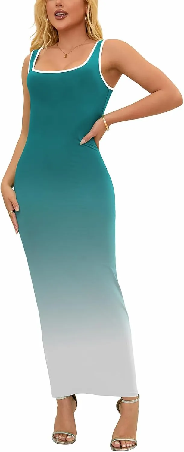 PINSV Women's Sexy Sleeveless Bodycon Tank Dress U Neck Halter Wrap Long Maxi Dresses Casual Party Beach Sundresses