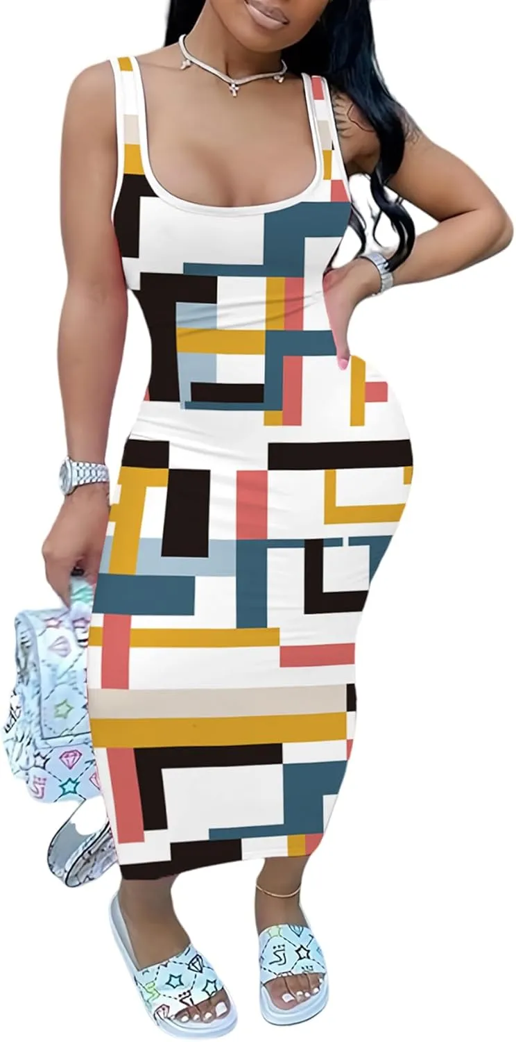 PINSV Women's Sexy Sleeveless Bodycon Tank Dress U Neck Halter Wrap Long Maxi Dresses Casual Party Beach Sundresses