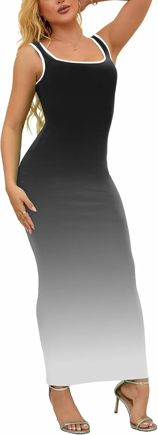 PINSV Women's Sexy Sleeveless Bodycon Tank Dress U Neck Halter Wrap Long Maxi Dresses Casual Party Beach Sundresses