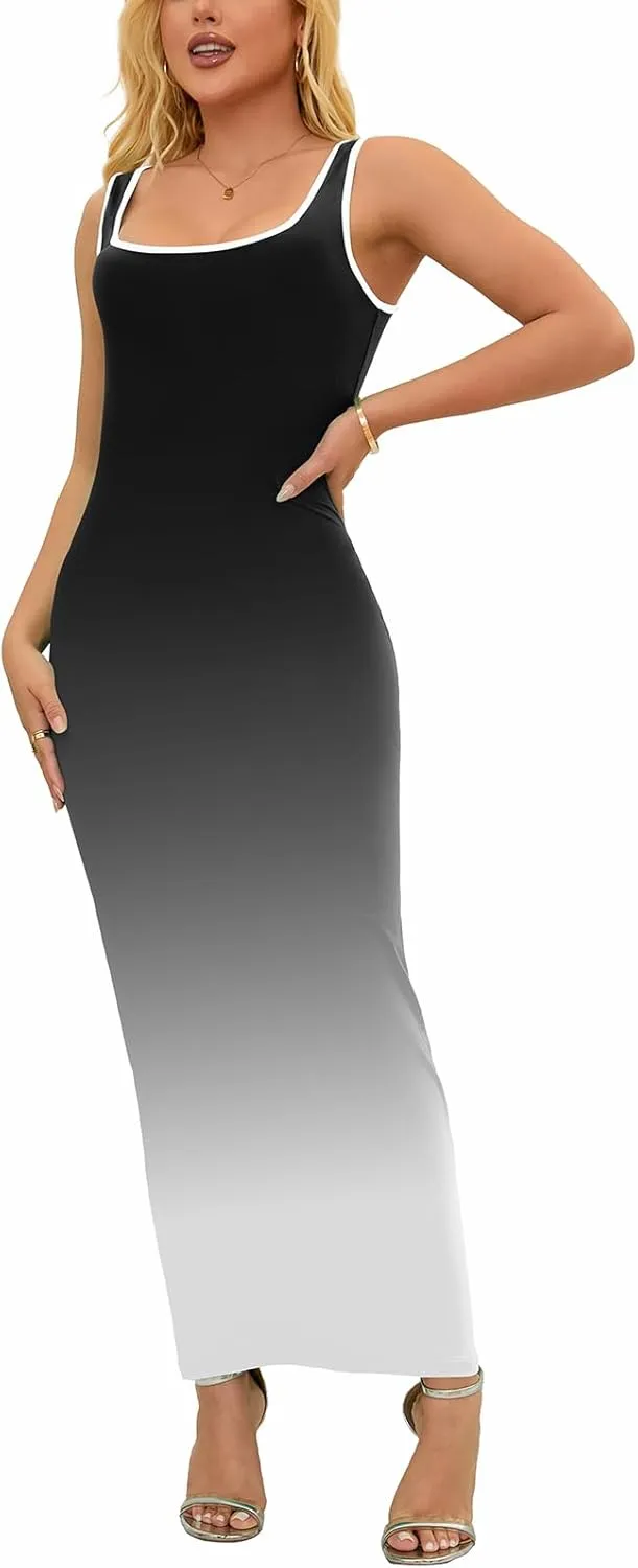 PINSV Women's Sexy Sleeveless Bodycon Tank Dress U Neck Halter Wrap Long Maxi Dresses Casual Party Beach Sundresses