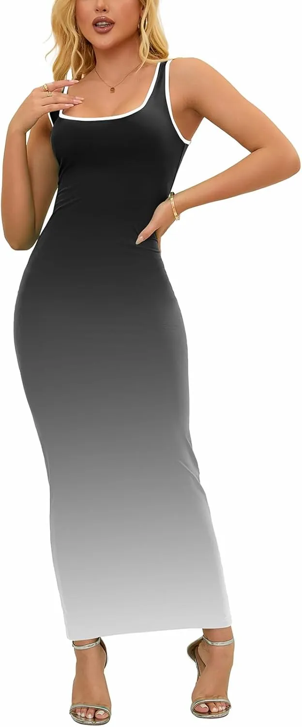 PINSV Women's Sexy Sleeveless Bodycon Tank Dress U Neck Halter Wrap Long Maxi Dresses Casual Party Beach Sundresses