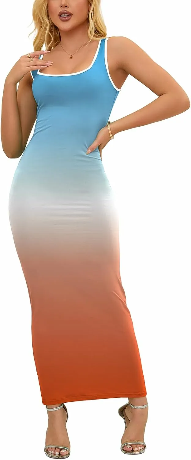 PINSV Women's Sexy Sleeveless Bodycon Tank Dress U Neck Halter Wrap Long Maxi Dresses Casual Party Beach Sundresses