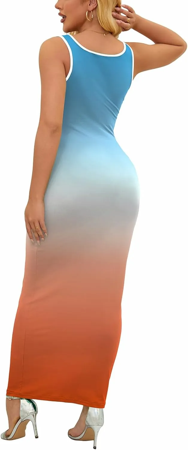 PINSV Women's Sexy Sleeveless Bodycon Tank Dress U Neck Halter Wrap Long Maxi Dresses Casual Party Beach Sundresses