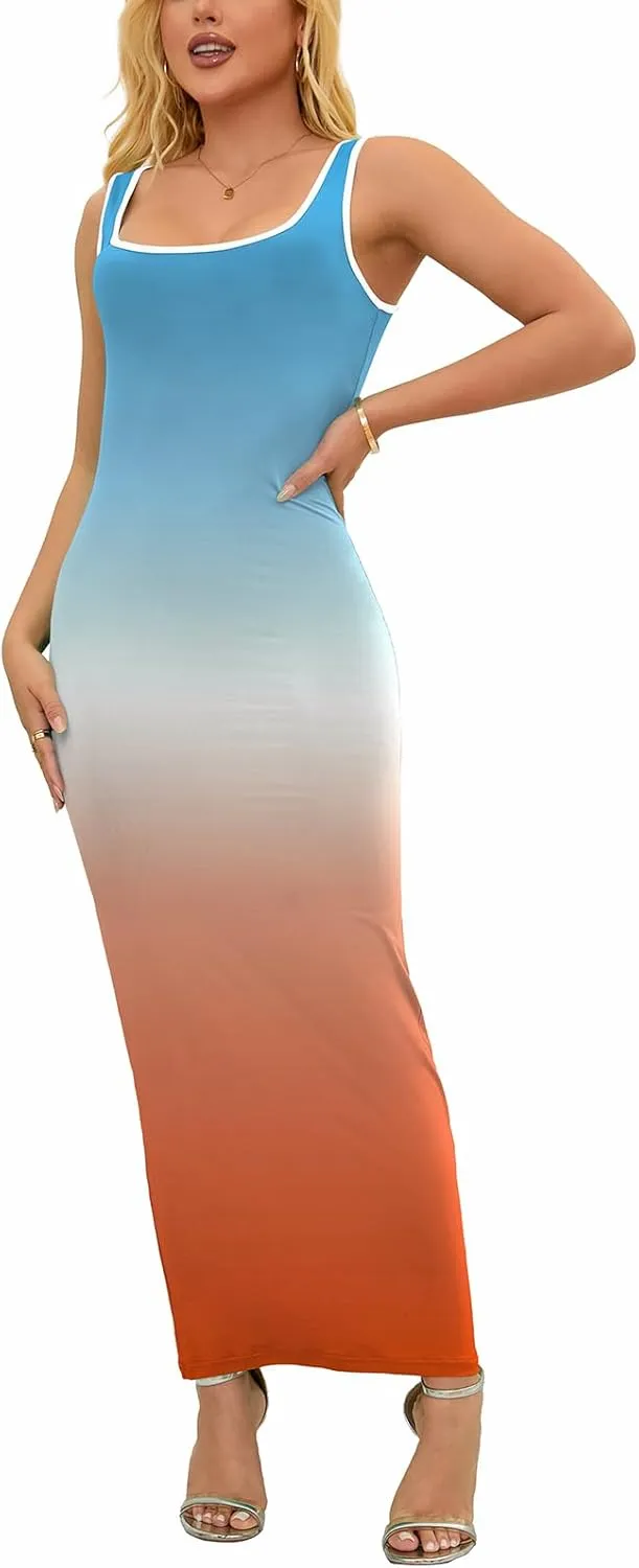 PINSV Women's Sexy Sleeveless Bodycon Tank Dress U Neck Halter Wrap Long Maxi Dresses Casual Party Beach Sundresses