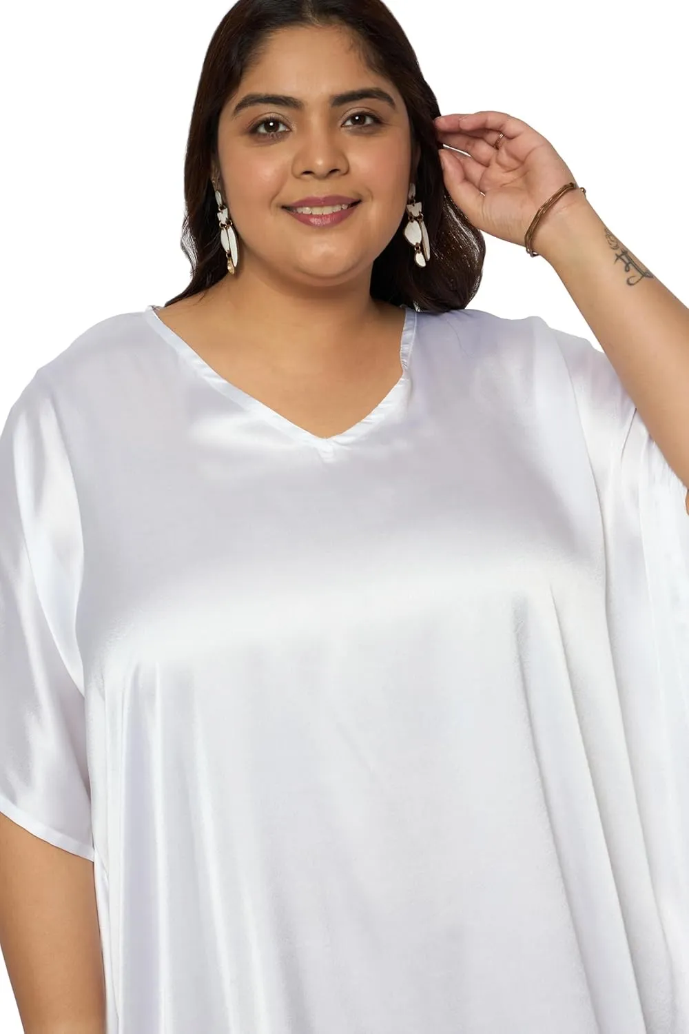 Plus Size Kaftan Women Dress Comfortable Solid Satin Nighty Maxi Dresses Kimono Sleeve Nightwear Caftan