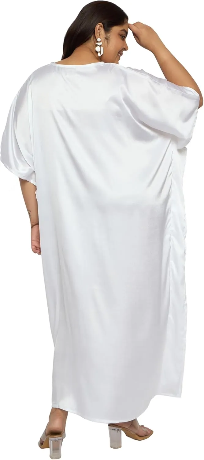Plus Size Kaftan Women Dress Comfortable Solid Satin Nighty Maxi Dresses Kimono Sleeve Nightwear Caftan